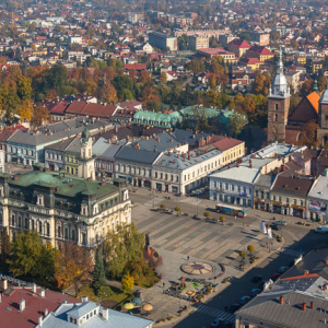 Nowy Sacz, Rynek Starego Miasta. EU, Pl, Malopolska. Lotnicze.